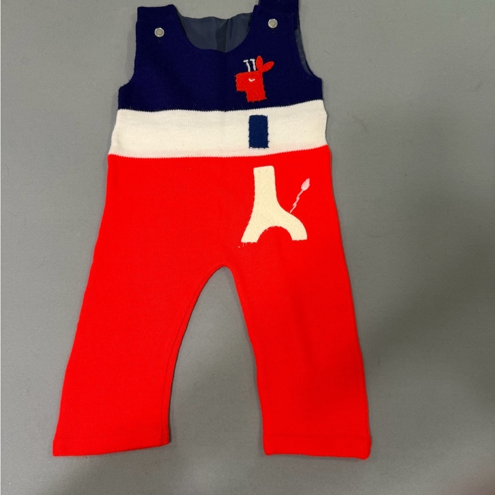 Vintage Folk Art Toddler Romper 1970s Orange White Blue Appliqué 18 mos